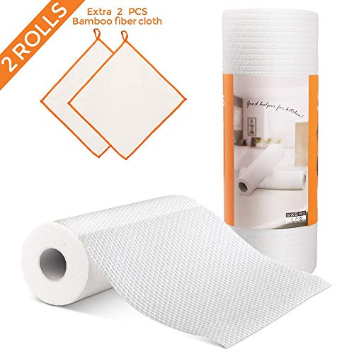 MASTERTOP - Paño de limpieza de cocina desechable, no tejido, 2 rollos de limpieza reutilizables de fibra natural para cocina, baño, ventana de piso con 2 toallas extra de fibra de bambú