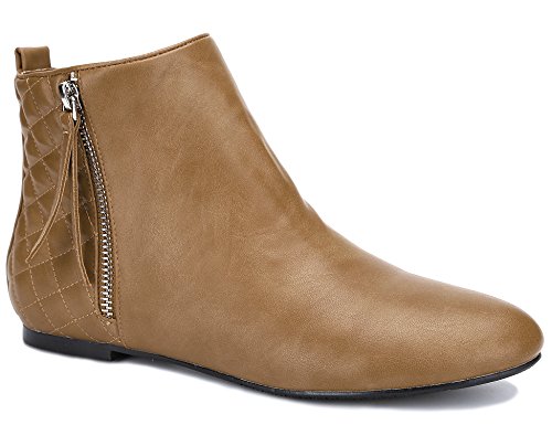 MaxMuxun Rejilla Zip Up Camel PU Zapatos de Mujer de Cuero Delgado Ligero Suela Botines Planos tamaño 6 UK