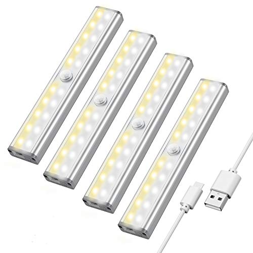 Maxuni Luz Armario Pack 4, Lámpara LED con Sensor Movimiento inalámbrico recargable por USB , Iluminación de armario LED de 3 modos, Tira de adhesivo magnético para Escalera Armario Pasillo Bodega