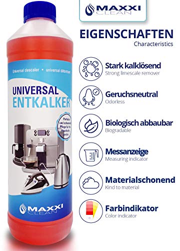 Maxxi Clean Poderoso Descalcificador eliminador de cal y limpiador multiusos | para limpieza de cafeteras automáticas, planchas, hervidor de agua y baño 3x750 ml | con indicador de color