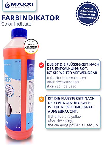 Maxxi Clean Poderoso Descalcificador eliminador de cal y limpiador multiusos | para limpieza de cafeteras automáticas, planchas, hervidor de agua y baño 3x750 ml | con indicador de color