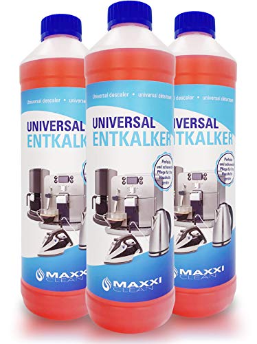 Maxxi Clean Poderoso Descalcificador eliminador de cal y limpiador multiusos | para limpieza de cafeteras automáticas, planchas, hervidor de agua y baño 3x750 ml | con indicador de color