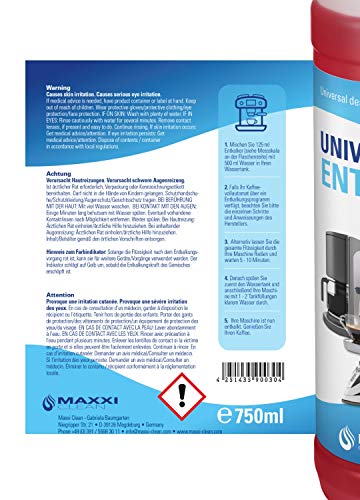Maxxi Clean Poderoso Descalcificador eliminador de cal y limpiador multiusos | para limpieza de cafeteras automáticas, planchas, hervidor de agua y baño 3x750 ml | con indicador de color