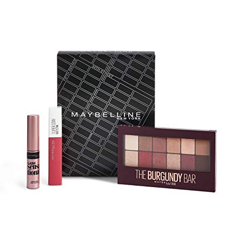 Maybelline New York - Maybelline New York - Paleta de Sombras The Burgundy Bar + Super Stay Matte Ink tono 15 Lover + Mini Máscara Lash Sensational 100 g - Set de Maquillaje