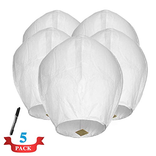 Maylai 5 Paquete Farolillos chinas blancas hechas a mano Farolillos de papel voladoras Farolillos de cielo deseadas para cumpleaños Aniversario de boda 100% biodegradable