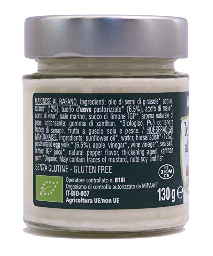 Mayonesa de rábano picante orgánica, hecha a mano en Italia, sin gluten ni lactosa. Va muy bien con la carne, el pescado, las verduras y los quesos suaves.