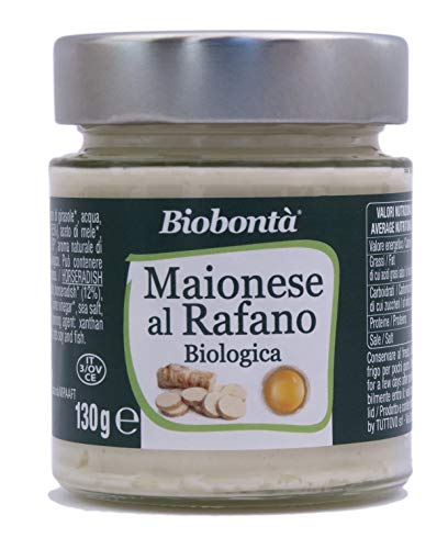 Mayonesa de rábano picante orgánica, hecha a mano en Italia, sin gluten ni lactosa. Va muy bien con la carne, el pescado, las verduras y los quesos suaves.