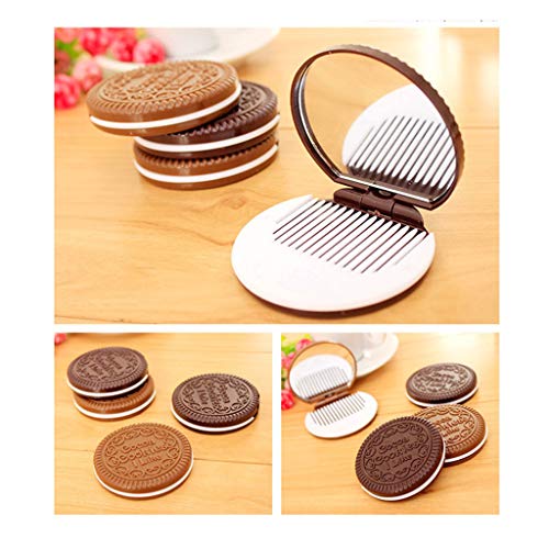 MB-LANHUA Mujeres Niñas Espejo de Maquillaje Mini Galleta de Chocolate Espejo de Bolsillo con Peine Princesa Sandwich portátil Forma de Galleta Maquillaje Cosmético Espejo Plegable