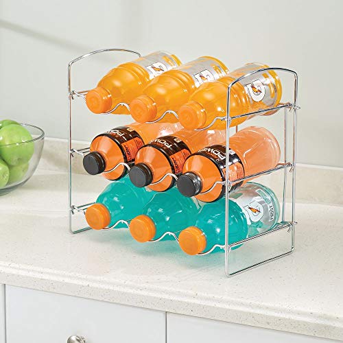 mDesign Botellero de metal cromado – Vinoteca para 9 botellas – Soporte para botellas de vino, agua y refrescos, ideal para frigorífico, despensa o armarios de cocina – plateado