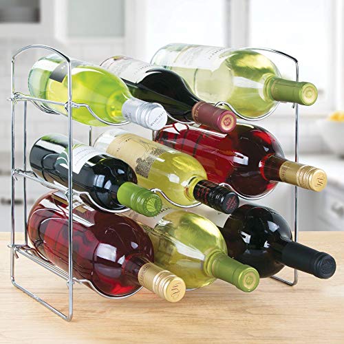 mDesign Botellero de metal cromado – Vinoteca para 9 botellas – Soporte para botellas de vino, agua y refrescos, ideal para frigorífico, despensa o armarios de cocina – plateado