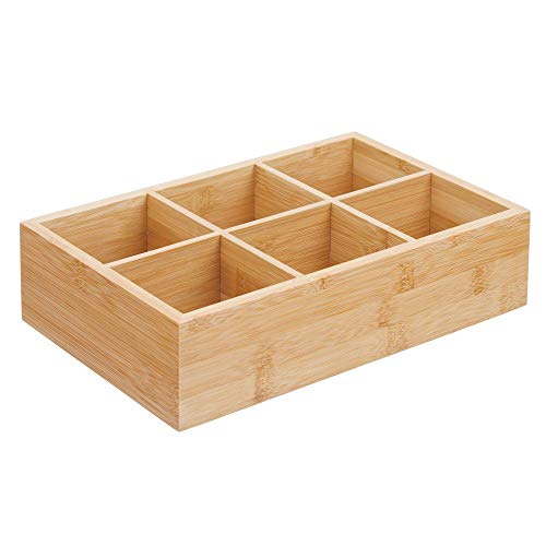 mDesign Caja de almacenaje de madera – Caja de madera con 6 apartados para bolsitas de té, azúcar, sal, pimienta y café – Práctico organizador de té en madera de bambú – color bambú