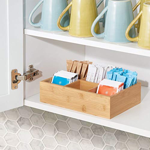 mDesign Caja de almacenaje de madera – Caja de madera con 6 apartados para bolsitas de té, azúcar, sal, pimienta y café – Práctico organizador de té en madera de bambú – color bambú