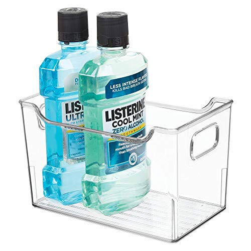 mDesign Cajas de plástico con asas – Organizador transparente con diseño atractivo – Cajas organizadoras para guardar cosméticos en el baño – transparente