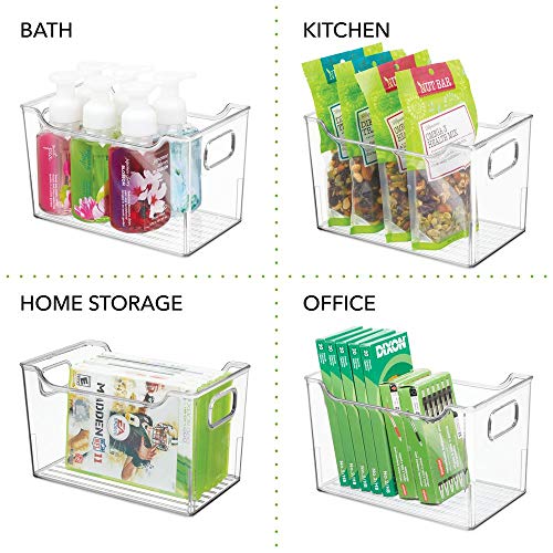 mDesign Cajas de plástico con asas – Organizador transparente con diseño atractivo – Cajas organizadoras para guardar cosméticos en el baño – transparente