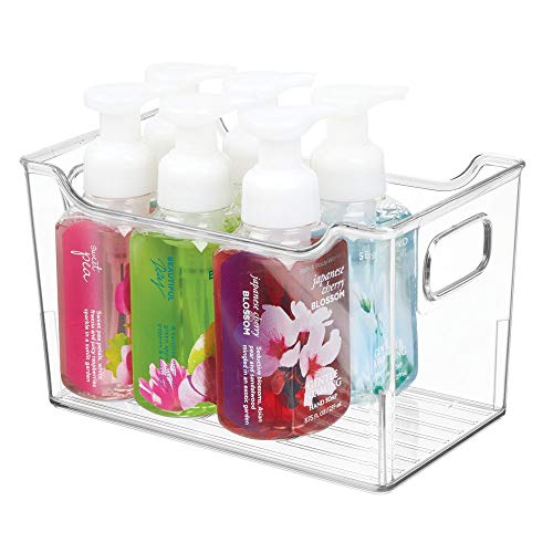 mDesign Cajas de plástico con asas – Organizador transparente con diseño atractivo – Cajas organizadoras para guardar cosméticos en el baño – transparente