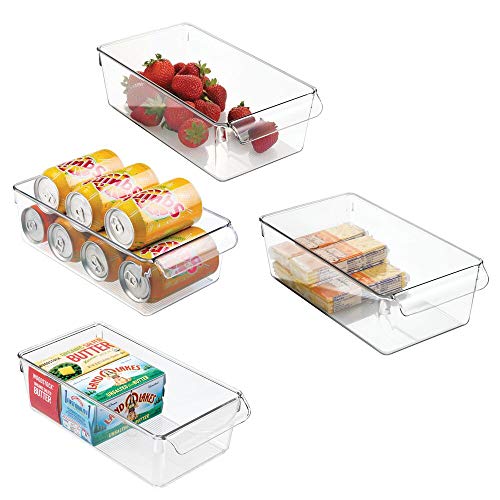 mDesign Cajas organizadoras grandes con asa - cajas plasticas ideales para cocina, en armarios o como caja para nevera - 4 piezas, transparente