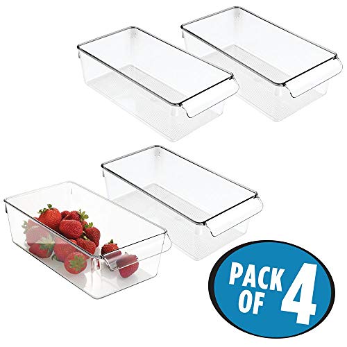 mDesign Cajas organizadoras grandes con asa - cajas plasticas ideales para cocina, en armarios o como caja para nevera - 4 piezas, transparente