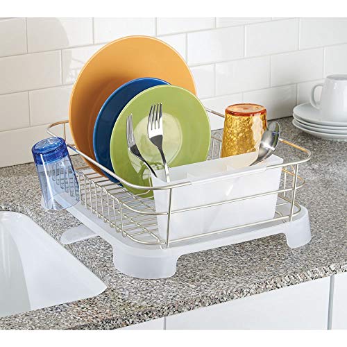 mDesign Escurreplatos de encimera con cesta para cubiertos – Práctico escurridor de vajilla totalmente aireado – Seca platos, vasos, copas y cubiertos – Plateado/transparente