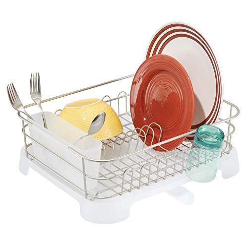 mDesign Escurreplatos de encimera con cesta para cubiertos – Práctico escurridor de vajilla totalmente aireado – Seca platos, vasos, copas y cubiertos – Plateado/transparente