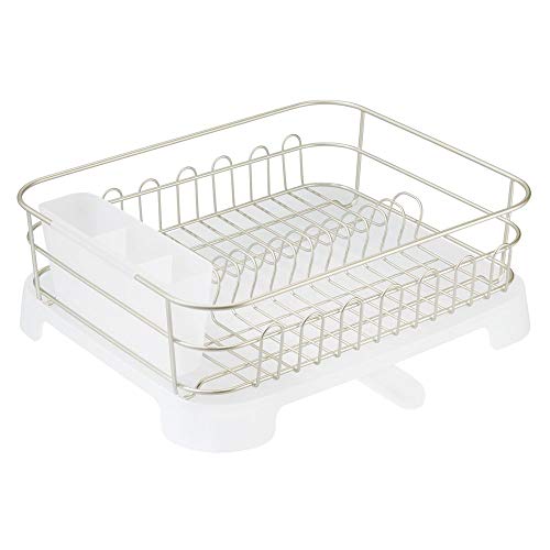 mDesign Escurreplatos de encimera con cesta para cubiertos – Práctico escurridor de vajilla totalmente aireado – Seca platos, vasos, copas y cubiertos – Plateado/transparente