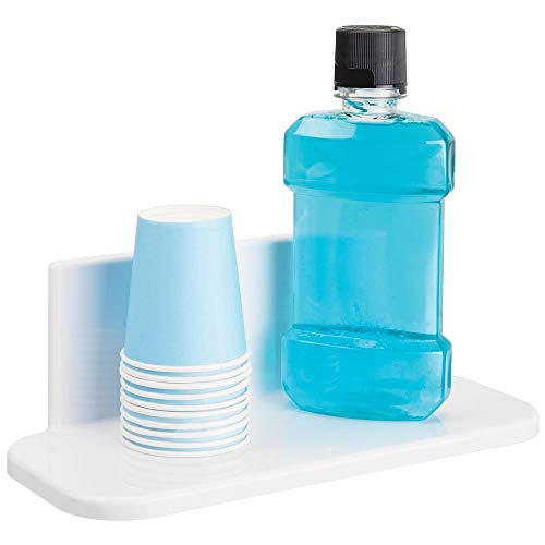 mDesign Estante de baño Autoadhesivo de plástico sin BPA – Estantería de Ducha pequeña para el Espejo del baño – Balda de baño para cepillos de Dientes, Maquillaje o cosméticos – Blanco