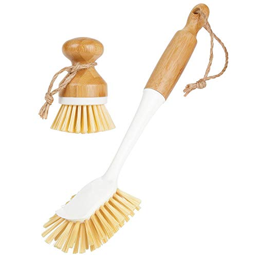 mDesign Juego de 2 cepillos de bambú para fregar platos – Cepillo redondo y cepillo con mango para lavar ollas, sartenes, vajilla y cubiertos – También aptos para limpiar verduras – blanco/natural