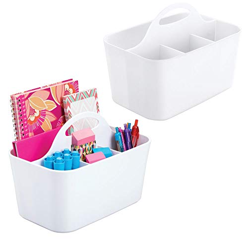 mDesign Juego de 2 pequeños organizadores de oficina con asa – Prácticas cestas de plástico para escritorio – Organizadores de escritorios con 4 apartados para material de oficina – blanco