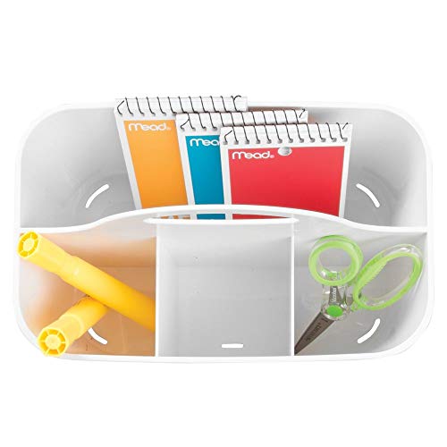mDesign Juego de 2 pequeños organizadores de oficina con asa – Prácticas cestas de plástico para escritorio – Organizadores de escritorios con 4 apartados para material de oficina – blanco