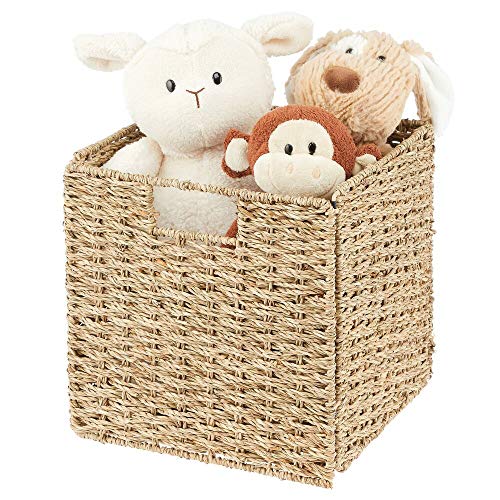 mDesign Juego de 4 cajas de almacenaje – Cajas organizadoras plegables hechas de junco marino – Cestas de almacenaje con patrón trenzado – Ideales para estanterías cuadradas – color bambú