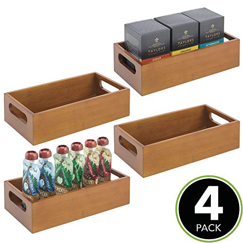 mDesign Juego de 4 cajas organizadoras con asas – Práctico cajón de madera para almacenar alimentos, especias, nueces o botellas – Organizador de cocina abierto en madera de bambú – marrón