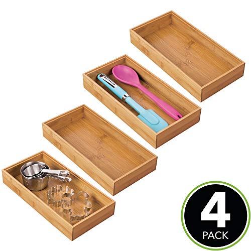 mDesign Juego de 4 cajas organizadoras para la cocina – Caja rectangular de bambú extragrande – Organizador de madera apilable para guardar cubiertos y utensilios de cocina – color natural