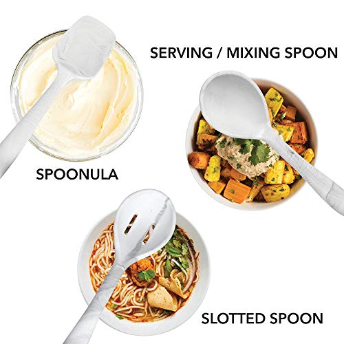 mDesign Juego de 6 utensilios de metal y silicona para cocina – Accesorios para cocinar con orificio para colgar – Set de espátula de cocina, cuchara, cucharón de sopa y cuchara para pasta – marmolado