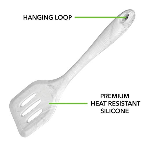 mDesign Juego de 6 utensilios de metal y silicona para cocina – Accesorios para cocinar con orificio para colgar – Set de espátula de cocina, cuchara, cucharón de sopa y cuchara para pasta – marmolado