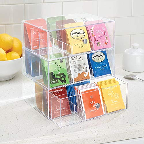 mDesign Organizador de cocina con 3 cajones de plástico – Mini cajonera para infusiones, bolsas de té, sobres de café, azúcar, etc. – Caja de té en plástico – transparente
