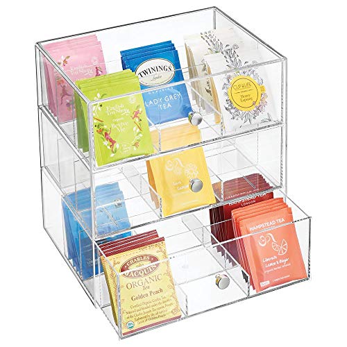 mDesign Organizador de cocina con 3 cajones de plástico – Mini cajonera para infusiones, bolsas de té, sobres de café, azúcar, etc. – Caja de té en plástico – transparente