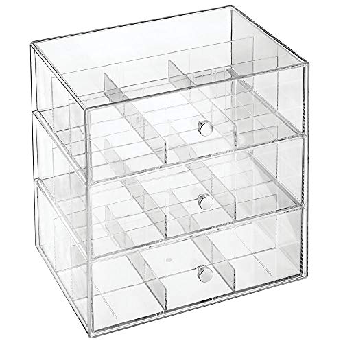 mDesign Organizador de cocina con 3 cajones de plástico – Mini cajonera para infusiones, bolsas de té, sobres de café, azúcar, etc. – Caja de té en plástico – transparente