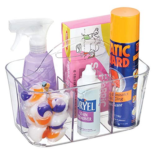 mDesign organizador plástico con 4 compartimentos para su lavadero - Cesta organizadora en color transparente provista de asa para un cómodo transporte - Organice todos sus productos de limpieza