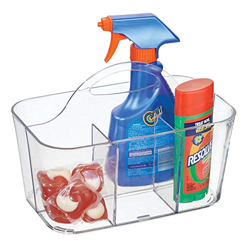 mDesign organizador plástico con 4 compartimentos para su lavadero - Cesta organizadora en color transparente provista de asa para un cómodo transporte - Organice todos sus productos de limpieza