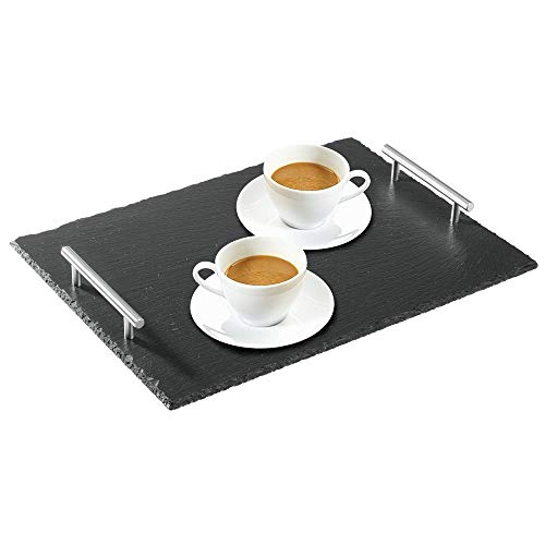 mDesign Platos de pizarra con asas de acero – Bonita tabla de quesos, útil para embutidos, tartas, aperitivos, etc. – También sirve como pizarra de tiza para menús o anuncios – negro