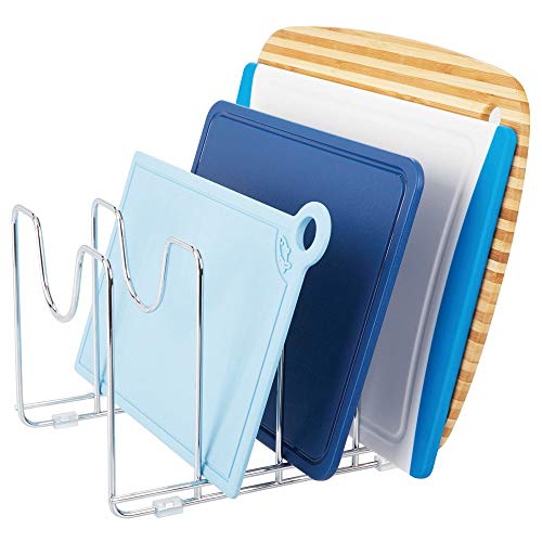 mDesign Soporte para sartenes, ollas y tapas – Organizador de tapaderas compacto de metal para armarios de cocina – Accesorios de cocina para ahorrar espacio de almacenaje – plateado