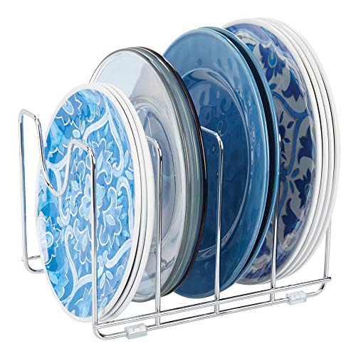 mDesign Soporte para sartenes, ollas y tapas – Organizador de tapaderas compacto de metal para armarios de cocina – Accesorios de cocina para ahorrar espacio de almacenaje – plateado
