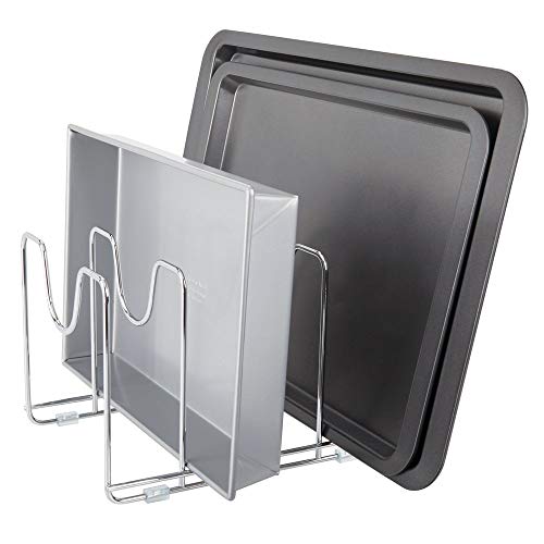 mDesign Soporte para sartenes, ollas y tapas – Organizador de tapaderas compacto de metal para armarios de cocina – Accesorios de cocina para ahorrar espacio de almacenaje – plateado