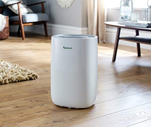 Meaco MeacoDry ABC 12LS - Deshumidificador ultra silencioso, 35 dB, función de secadora, diseño compacto, bajo consumo de energía, 165 W, 240 V, Blanco con panel Plateado