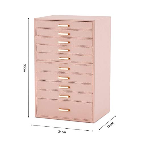 Meerveil Caja Joyero, Joyero con 10 Capas, Joyero Grande, Cuero PU, con cajones y Almohadas de Reloj, Caja para Joyas, Gafas de Sol, Relojes (Rosa)