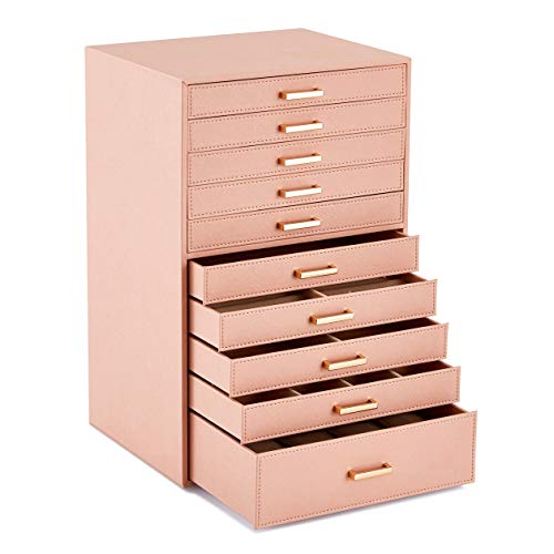 Meerveil Caja Joyero, Joyero con 10 Capas, Joyero Grande, Cuero PU, con cajones y Almohadas de Reloj, Caja para Joyas, Gafas de Sol, Relojes (Rosa)