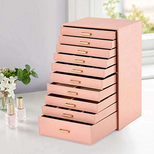 Meerveil Caja Joyero, Joyero con 10 Capas, Joyero Grande, Cuero PU, con cajones y Almohadas de Reloj, Caja para Joyas, Gafas de Sol, Relojes (Rosa)