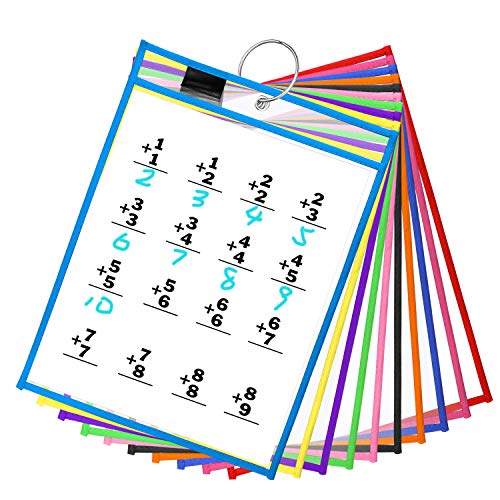 Meetory - 10 fundas de borrado en seco reutilizables de 25,5 x 35 cm, 10 colores, con 10 soportes para rotuladores, 10 gomas de borrar y 2 anillas metálicas