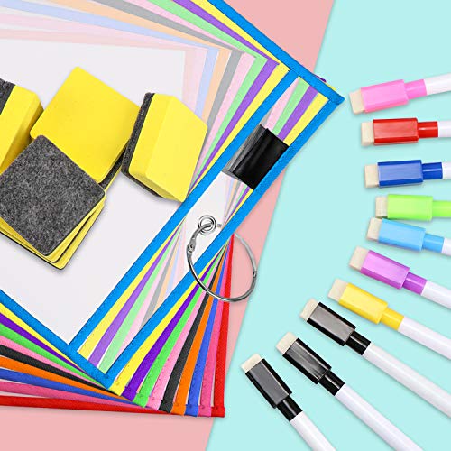 Meetory - 10 fundas de borrado en seco reutilizables de 25,5 x 35 cm, 10 colores, con 10 soportes para rotuladores, 10 gomas de borrar y 2 anillas metálicas