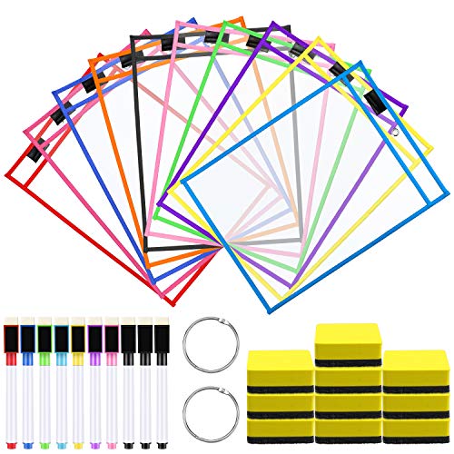 Meetory - 10 fundas de borrado en seco reutilizables de 25,5 x 35 cm, 10 colores, con 10 soportes para rotuladores, 10 gomas de borrar y 2 anillas metálicas