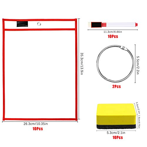 Meetory - 10 fundas de borrado en seco reutilizables de 25,5 x 35 cm, 10 colores, con 10 soportes para rotuladores, 10 gomas de borrar y 2 anillas metálicas
